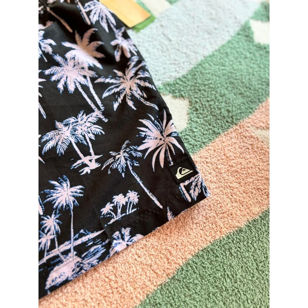Quiksilver‎ Mens Black Palm Tree Print Swim Trunks Size Large